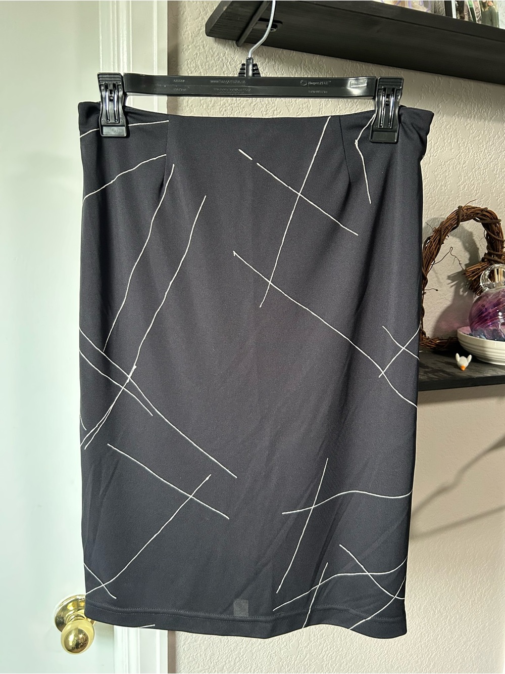 Moda International Black Pencil Skirt with White Line Pattern